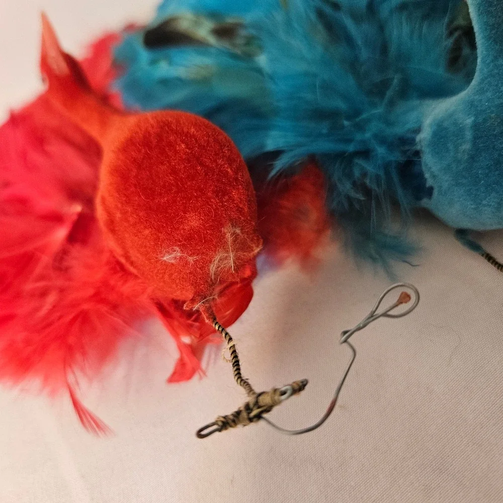 Vintage Style Red and Blue Feather Peacock Ornaments Sequin Flocked Bird Pair